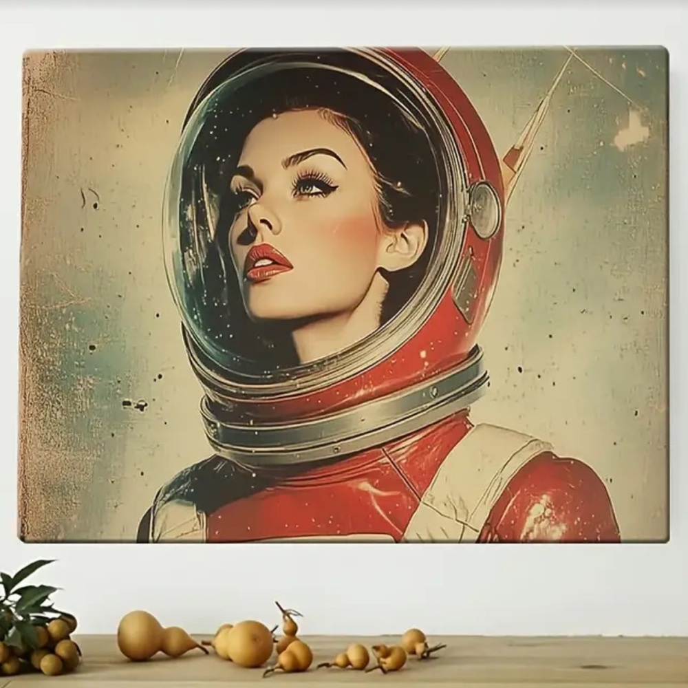 Retro Astronaut Woman Canvas Art in Red and Cream
